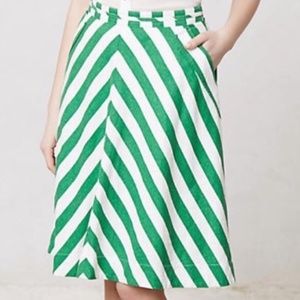 Anthropologie Green + White Striped Chevron Skirt